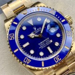 Rolex Submariner, blue dial, blue bezel, 40mm, gold Oyster bracelet.