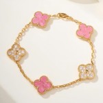 Four-leaf Clover Half Diamond Bracelet Gold Pink