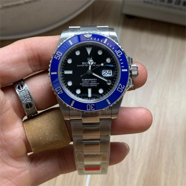 Submariner series, black dial, blue bezel, 41mm, silver Oyster bracelet.