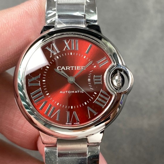 Cartier Ballon Bleu series, burgundy dial, 33mm, women's watch, silver strap, mechanical.