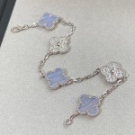 Four-leaf clover purple chalcedony and silver diamond beaded bracelet