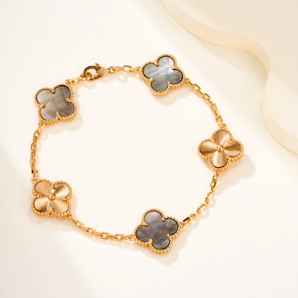 Four-leaf clover, mother-of-pearl, gold-plated, multi-colored bracelet