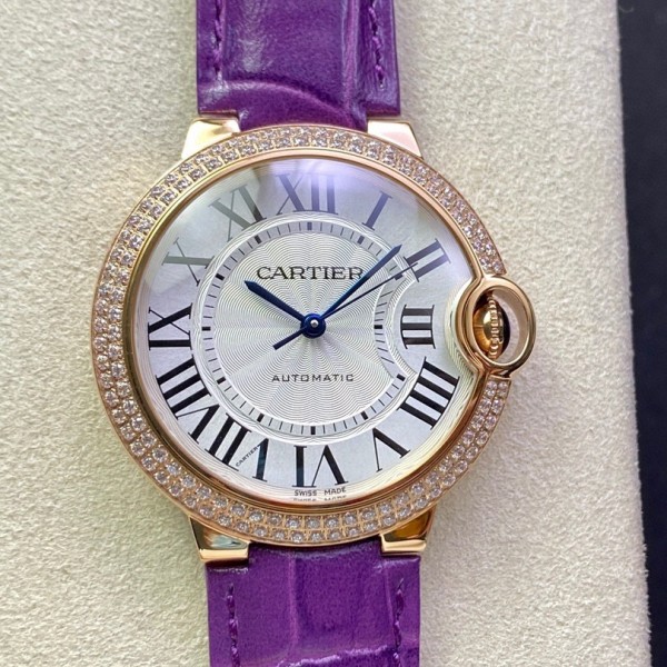 Cartier Ballon Bleu, 36mm, silver dial with diamond-set bezel, purple leather strap, mechanical watch for women.
