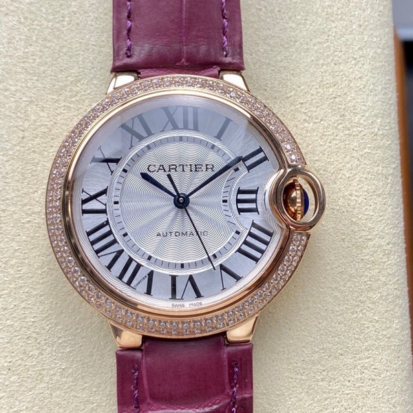 Cartier Ballon Bleu series, 36mm women's watch with silver dial and diamond-set bezel, purple leather strap, mechanical movement.
