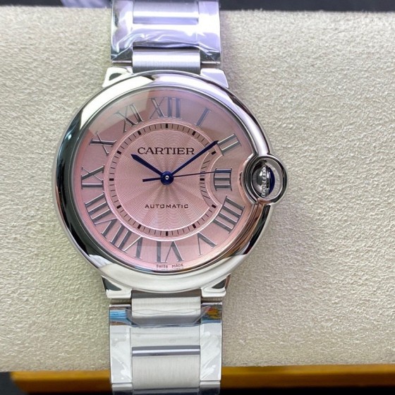Cartier Ballon Bleu series, pink dial, 36mm, women's watch, silver strap, mechanical.