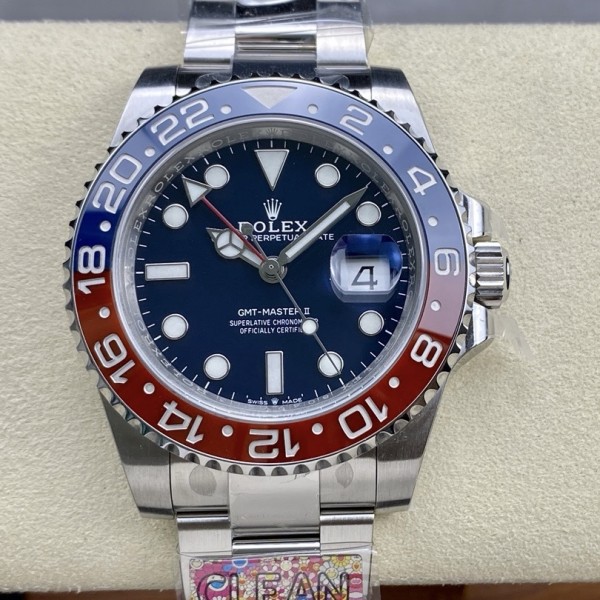 Rolex GMT-Master series, blue dial, blue and red bezel, 40mm, silver Oyster bracelet.