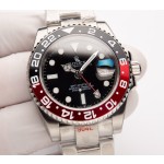 Rolex GMT-Master series, black dial, black and red bezel, 40mm, silver Oyster bracelet.