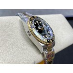 Rolex GMT-Master series, black dial, black bezel, 40mm, silver and gold Oyster bracelet.