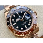 Rolex GMT-Master series, black dial, black and red bezel, 40mm, rose gold Oyster bracelet.