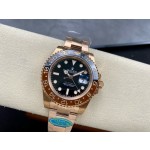Rolex GMT-Master series, black dial, black and red bezel, 40mm, rose gold Oyster bracelet.