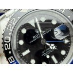 Rolex GMT-Master series, black dial, black and blue bezel, 40mm, silver five-link bracelet.