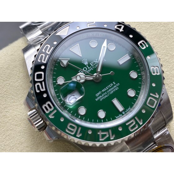 Rolex GMT-Master series, green dial, black and green bezel, 40mm, silver Oyster bracelet.