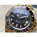Greenwich series watch with tiger's eye dial, black bezel, and 40mm gold five-link bracelet.