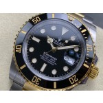 Rolex Submariner series, black dial, black bezel, 41mm, silver and gold Oyster bracelet.