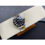 Rolex Submariner series, black dial, black bezel, 41mm, silver and gold Oyster bracelet.