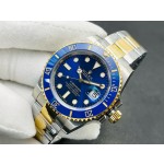 Rolex Submariner series, blue dial, blue bezel, 40mm, silver and gold Oyster bracelet.