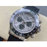 Rolex Daytona series, meteorite dial, black bezel, silver case, 40mm, black rubber strap.