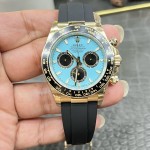 Rolex Daytona series, Tiffany blue dial, black bezel, gold case, 40mm, black rubber strap.