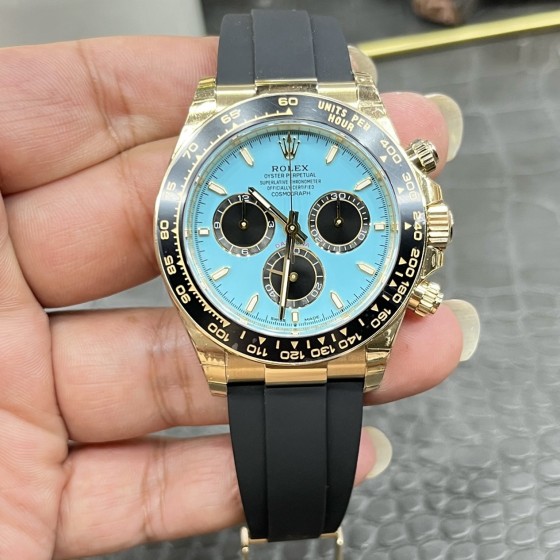 Rolex Daytona series, Tiffany blue dial, black bezel, gold case, 40mm, black rubber strap.