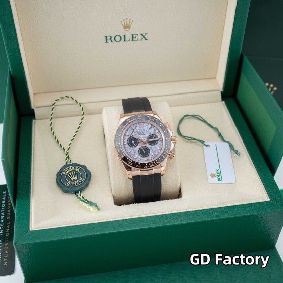 Rolex Daytona series, meteorite dial, black bezel, rose gold case, 40mm, rubber strap.