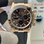 Rolex Daytona series, chocolate-colored dial, black bezel, rose gold case, 40mm, rubber strap.