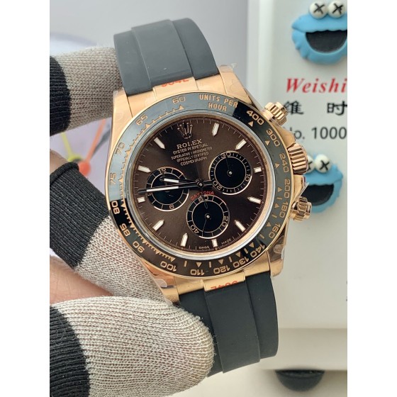 Rolex Daytona series, chocolate-colored dial, black bezel, rose gold case, 40mm, rubber strap.