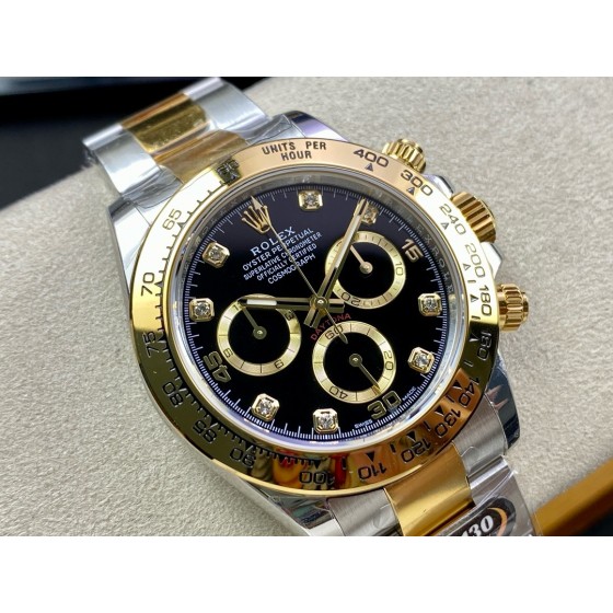 Rolex Daytona series, black dial, gold bezel, silver case, 40mm, gold and silver Oyster bracelet.
