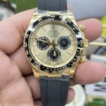 Rolex Daytona series, gold dial, black bezel, gold case, 40mm, rubber strap.