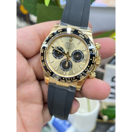 Rolex Daytona series, gold dial, black bezel, gold case, 40mm, rubber strap.