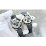 Rolex Daytona series, silver dial, black bezel, silver case, 40mm, rubber strap.