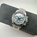 Rolex Daytona series, ice blue dial, black bezel, silver case, 40mm, silver Oyster bracelet.