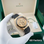 Rolex Daytona series, gold dial, black bezel, gold case, 40mm, rubber strap.