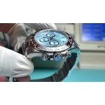Rolex Daytona series, blue dial, black bezel, silver case, 40mm, silver Oyster bracelet.