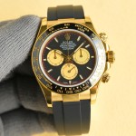 Rolex Daytona series, black dial, black bezel, gold case, 40mm, rubber strap.