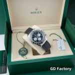 Rolex Daytona series, black dial, black bezel, silver case, 40mm, rubber strap.