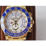 Rolex Yacht-Master series, white dial, blue bezel, gold case, 44mm, gold Oyster bracelet.