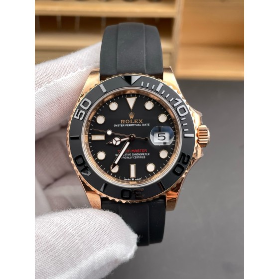 Rolex Yacht-Master series, black dial, black bezel, rose gold case, 40mm, rubber strap.