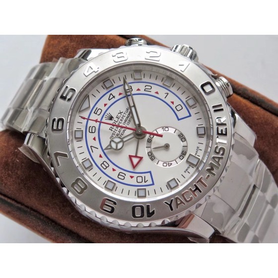 Rolex Yacht-Master series, white dial, silver bezel, silver case, 44mm, silver Oyster bracelet.