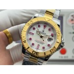 Rolex Yacht-Master series, with diamond-set mother-of-pearl dial, gold bezel, silver case, 40mm, two-tone Oyster bracelet.