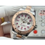 Rolex Yacht-Master series with diamond-set white dial, rose gold bezel, silver case, 40mm, two-tone Oyster bracelet.
