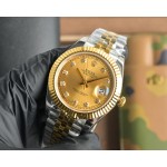 Datejust series men's watch with diamonds, gold dial, gold bezel, 41mm, two-tone five-link bracelet.
