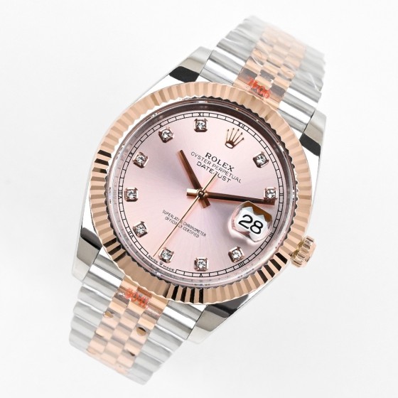 Log Series men's watch with diamonds, pink dial, rose gold bezel, 41mm case, and two-tone five-link bracelet.
