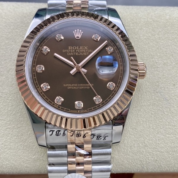 Log Series men's watch with diamonds, chocolate-colored dial, rose gold bezel, 41mm case, and two-tone five-link bracelet.