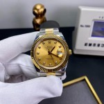 Datejust series men's watch with diamonds, gold dial, gold bezel, 41mm, two-tone Oyster bracelet.