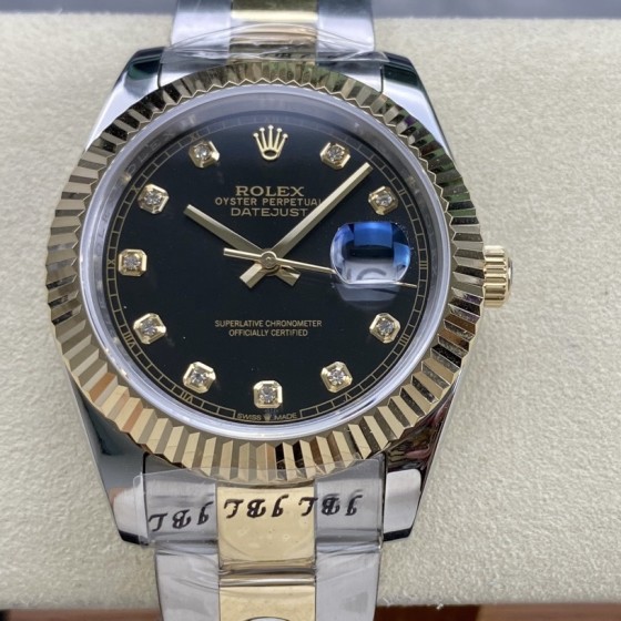 Datejust series men's watch, diamond-set black dial, gold bezel, 41mm, two-tone Oyster bracelet.