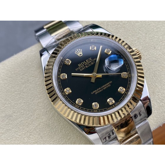 Datejust series men's watch, diamond-set black dial, gold bezel, 41mm, two-tone Oyster bracelet.
