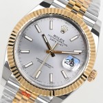 Datejust series men's watch, silver dial, gold bezel, 41mm, two-tone five-link bracelet.