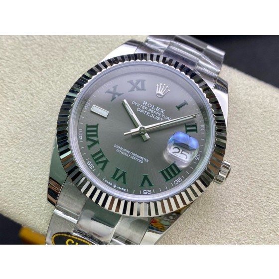 Datejust series men's watch, dark gray dial, silver bezel, 41mm, silver Oyster bracelet.