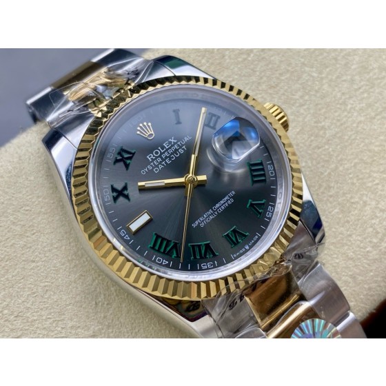 Datejust series men's and women's watches, dark gray dial, gold bezel, 36 and 41mm sizes, two-tone Oyster bracelet.