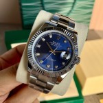 Datejust series men's and women's watches with diamonds, blue dial, silver bezel, 36mm and 41mm sizes, silver Oyster bracelet.